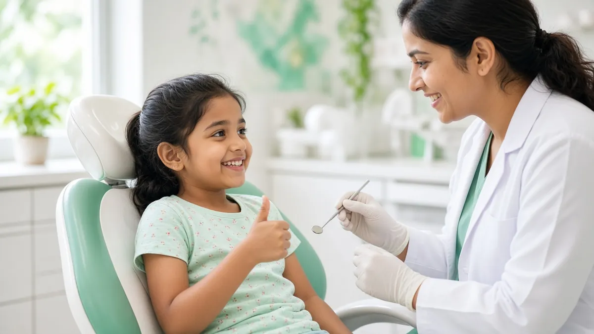 Illustration: a happy child giving a thumbs up in a dental chair